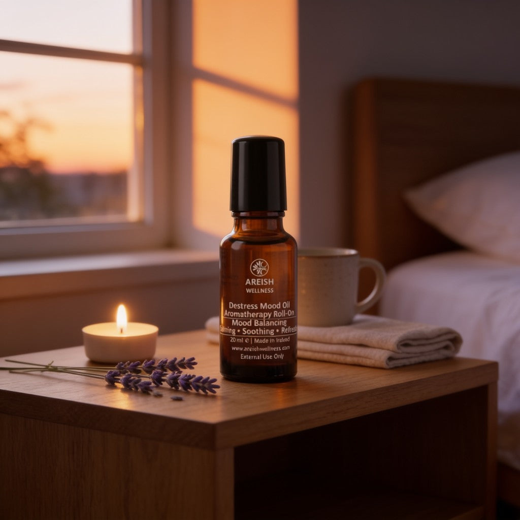 Destress Mood Oil on a bedside table at sunset